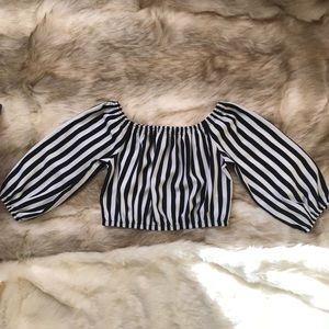 Off the shoulder black and white striped crop top